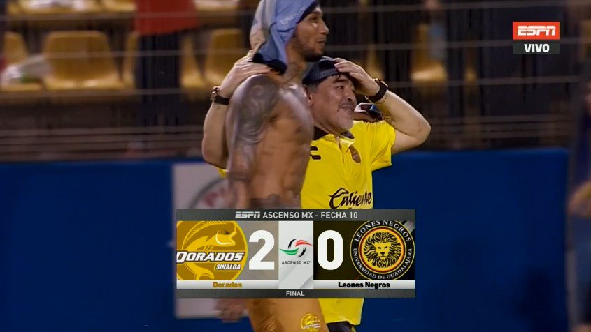 SC_ESPN's tweet photo. ¡Final del partido! Sobre el final, Dorados se llevó una victoria importante 2-0 sobre Leones Negros para la alegría de #MARADONAxESPN. https://t.co/VrDeohN9UU
