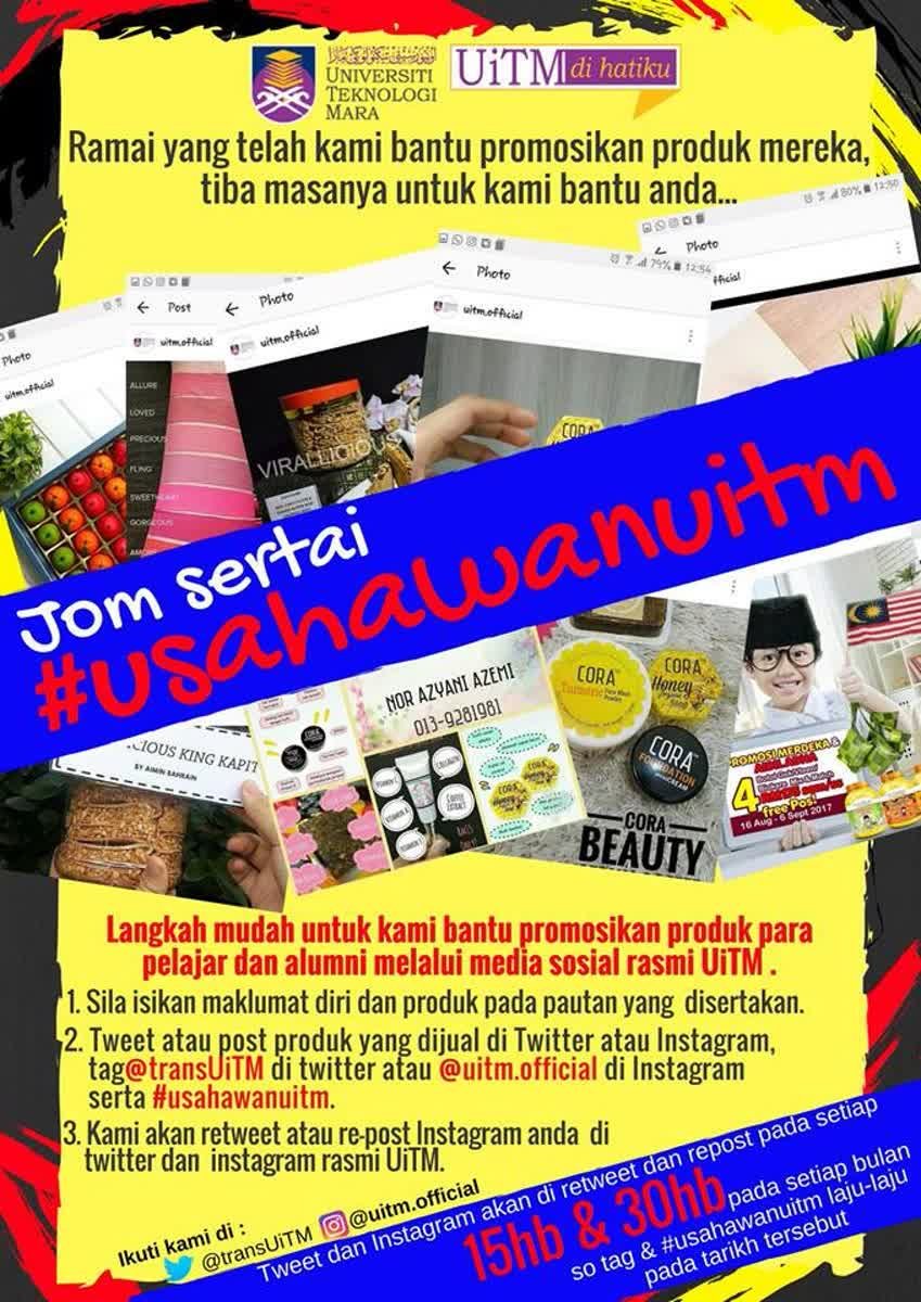Kedai #usahawanuitm dibuka hari ini. Dipelawa usahawan UiTM sekalian untuk tag twitter &amp; Instagram rasmi serta #usahawanuitm pada tweet &amp; insta untuk kami bantu promosikan produk anda semua secara percuma!!! Di mohon juga utk dafter di sini qoo.ly/sdkmp