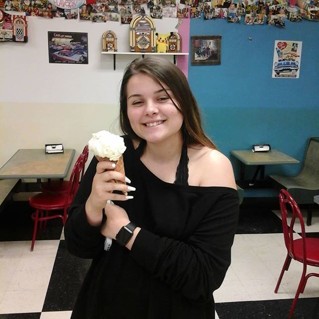 WaffleConeLLC's tweet photo. Elizabeth sporting a brownie stuffed waffle Cone with strawberry cheesecake icecream. The ice cream will last until Monday. https://t.co/uMopJlihjH https://t.co/ViODO24TRy