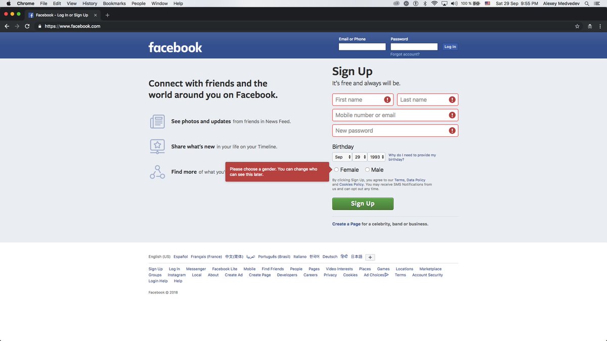 I have a question: Facebook proud that they give you opportunity four years ago to even add your own custom gender in profile. But why in 2018 their sign up page push you to decide who you are between Male &amp; Female (it's mandatory field)? facebook.com/facebookdivers…