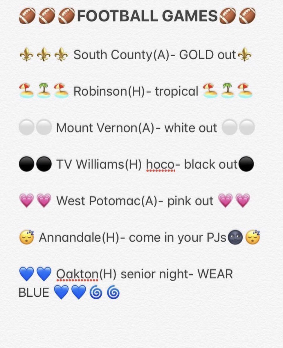 Here are the themes for the next couple of football games! We hope to see everybody in white at Mount Vernon next Friday!!!