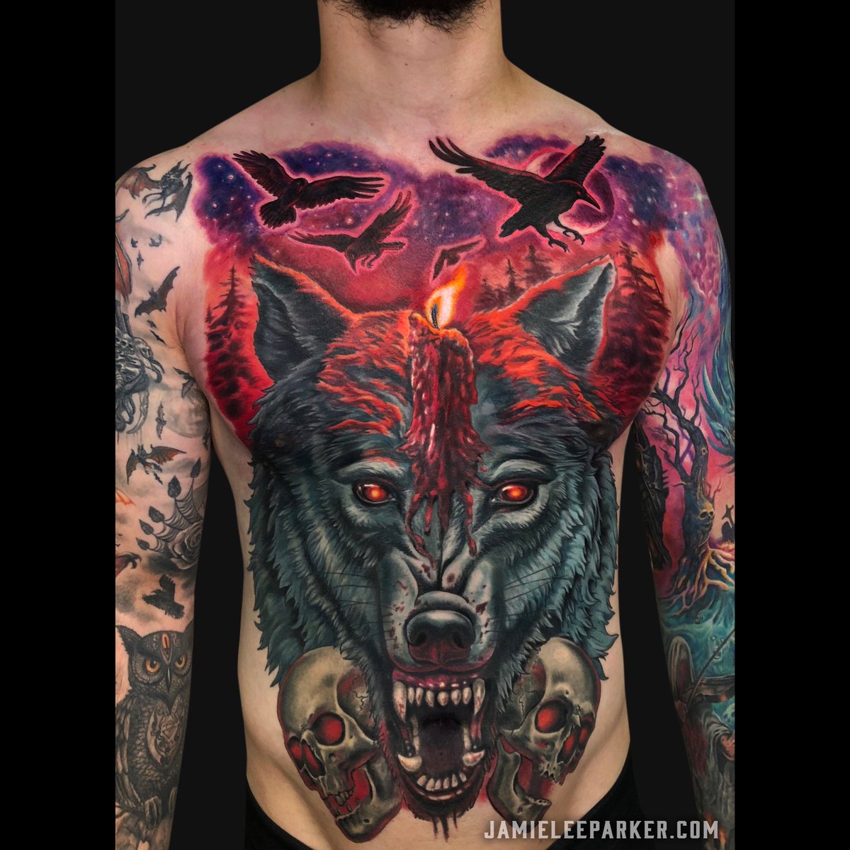 Want to turn your torso into a giant wolf? I might be your guy. #wolftattoo #skulls #colortattoo