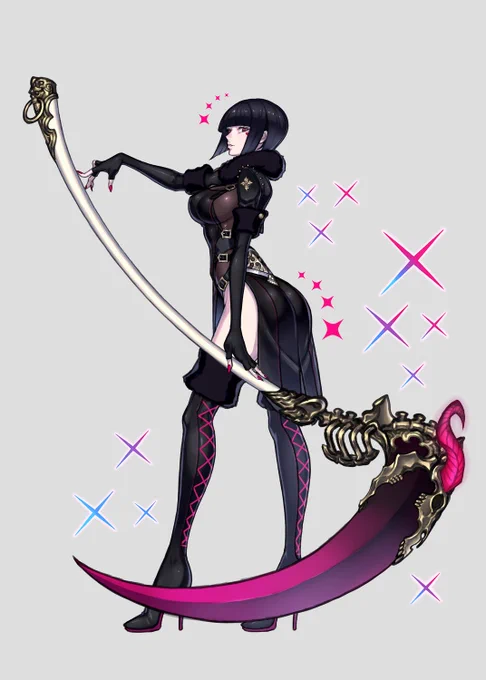 創作魔法使いシリーズ。大鎌使いの色っぽいおかっぱお姉さん。イメージはキャバレーとかバーレスクとかポールダンサーみたいな。 