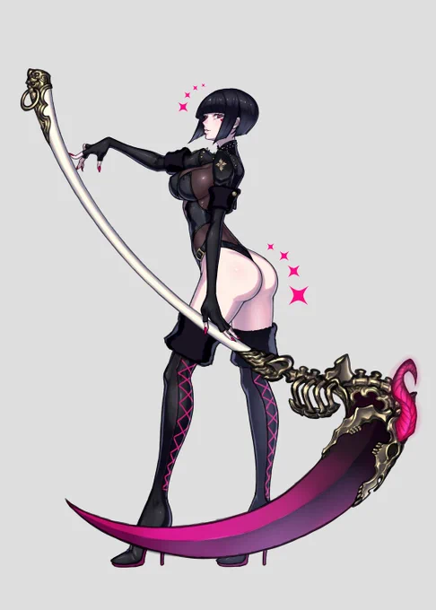 創作魔法使いシリーズ。大鎌使いの色っぽいおかっぱお姉さん。イメージはキャバレーとかバーレスクとかポールダンサーみたいな。 