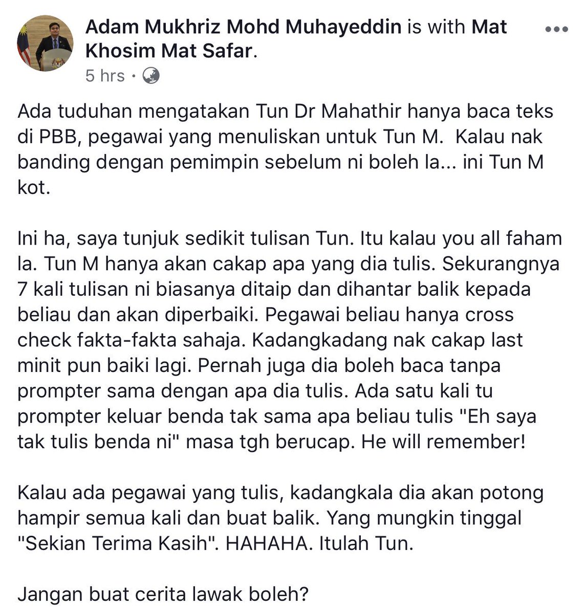 asrulmm's tweet photo. Benarkah Tun Mahathir baca teks ucapan di UNGA yang ditulis pegawai PTD atau Setiausaha Media? Nah baca apa yang Pegawai Khas beliau kata.

Will probably post about my experience drafting speeches for Ministers and CEOs this coming week, when I have the time https://t.co/9TSiGJt4gQ