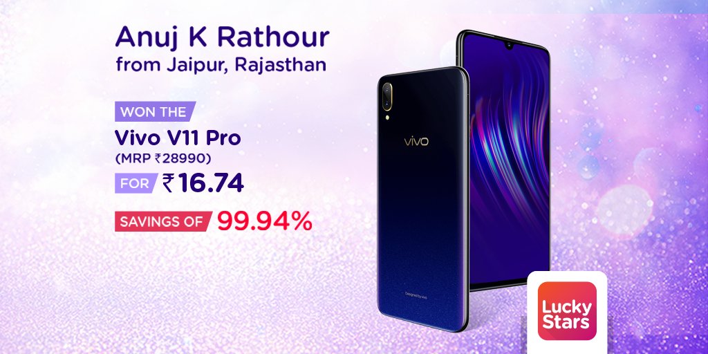 luckystarsapp's tweet image. Anuj K Rathour has #UnlockTheAmazing with #LuckyStarsApp.
Heartiest #Congratulations to you on winning the #VivoV11Pro.
To win like him, download now: goo.gl/XD4AiY.