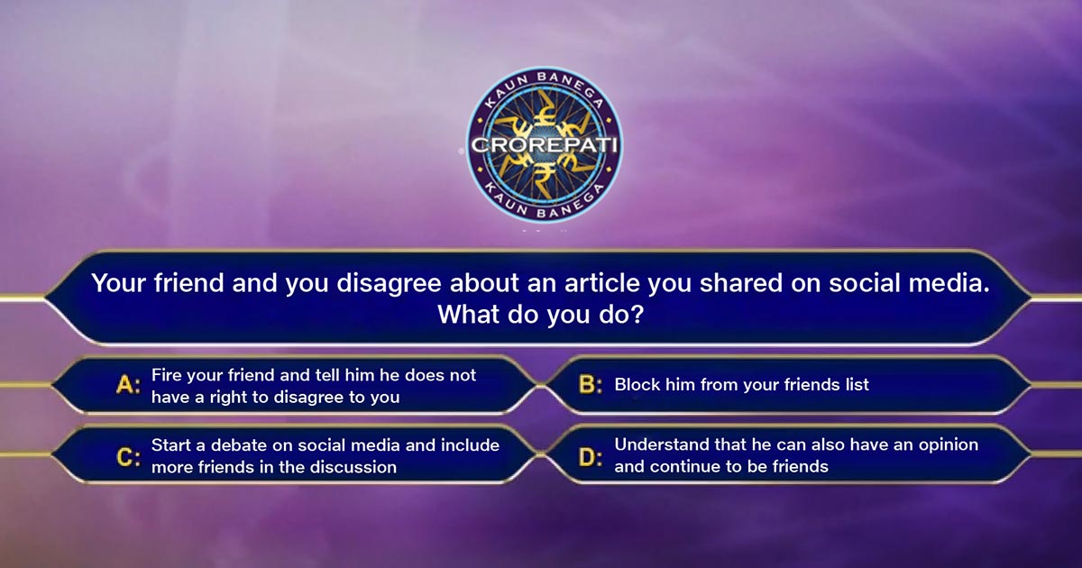 OfficialJioTV's tweet image. (2/2)
#Contest #KBC

#Question2 

Social media pe cheda hai vivad, kya karenge aap? 

Pick the most appropriate (sabhy) option for this situation as the correct answer.