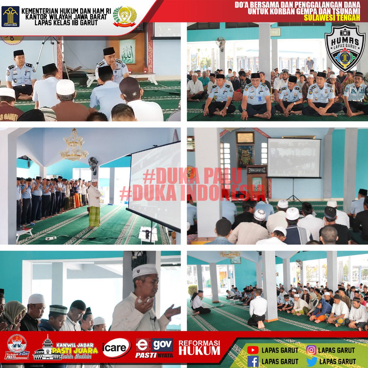 Lapas Garut melaksanakan Do'a dan Dzikir Bersama, Minggu (30/09/2018).
@Kemenkumham_RI
@DITJEN_PAS @HMKanwilJabar
#PrayforPalu #IndonesiaBerduka
#doabersama #pemasyarakatan