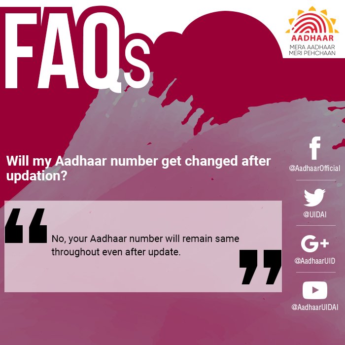UIDAI's tweet photo. #AadhaarFAQs
The Aadhaar number once assigned to you does not change. No matter how many times you update your Aadhaar. You get the updated Aadhaar letter or eAadhaar with the same Aadhaar number. https://t.co/E270QWs8pE