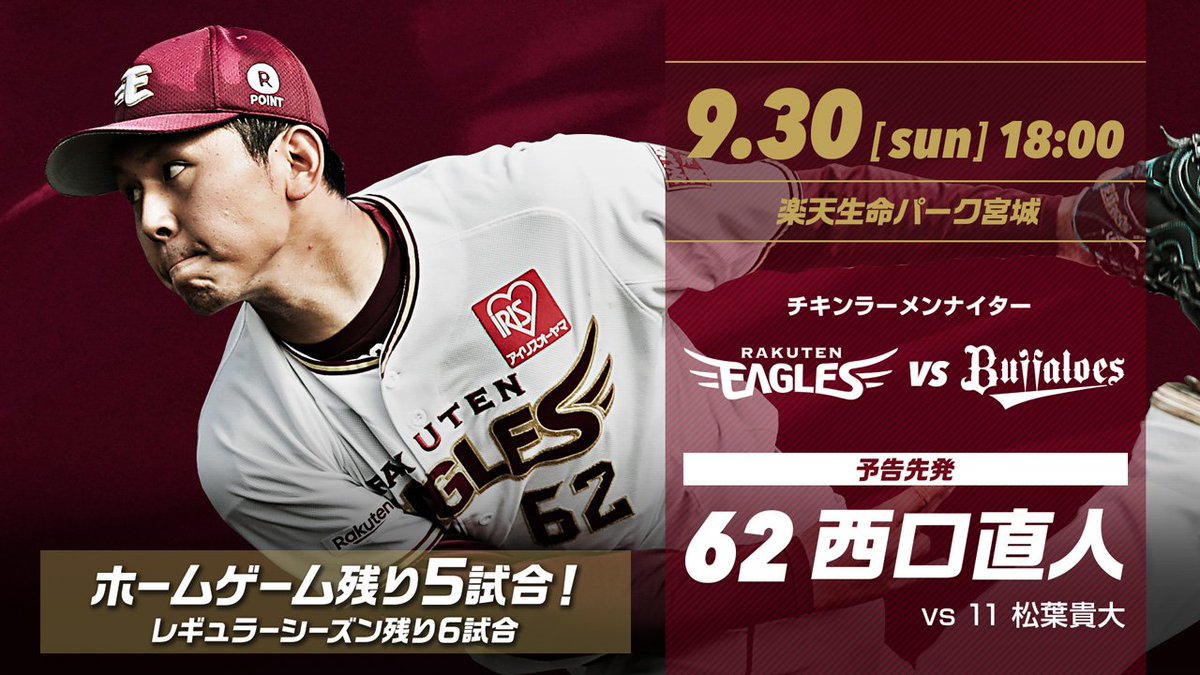 Rakuten__Eagles's tweet photo. 予告先発は、初登板・初先発！
2年目右腕・西口選手です。

試合の情報は…
At Eagles👉https://t.co/ilYY63hkpB
一打席速報👉https://t.co/totCBD7cML
公開トーク👉https://t.co/BBwyZIT5rh
ラジオ👉@rakutenfmtohoku

#RakutenEagles  #日本一の東北へ #全力応援 #声出していこう #TOHOKUPRIDE https://t.co/r9G5C6Gx23