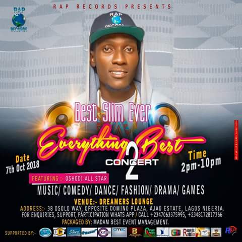 bestslimever's tweet photo. 7 DAYS LEFT to

#EverythingBestConcert2

Time: 2pm - 10pm

Date: 7th, October, 2018

Venue: Dreamers Lounge

Address: 38 Osolo way, Opposite Domino Pizza, Ajao estate, Lagos Nigeria. 

for Participation |Enquiries 
WhatsApp: +2347063375995
Tel: +2348172817366

@robertpongracz https://t.co/y8srD3Xidh
