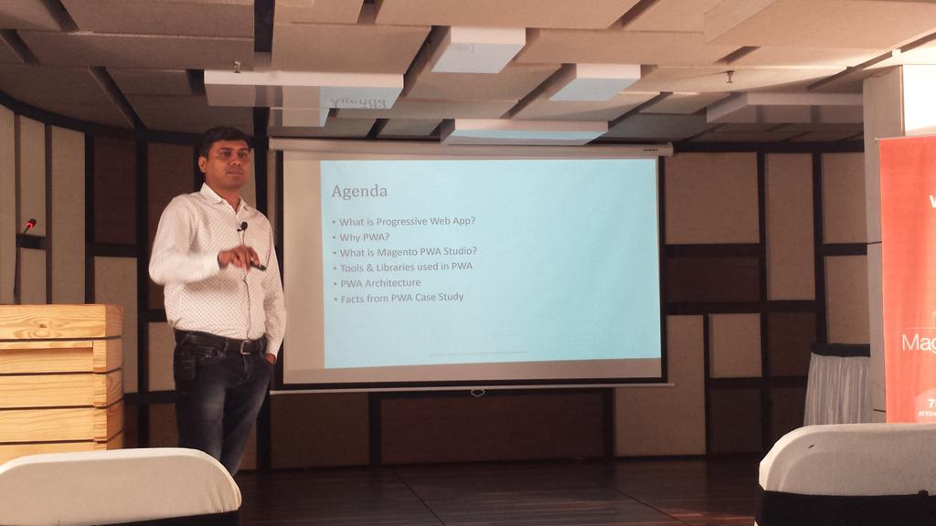 moingshaikh's tweet photo. Bhavesh Surani talking abt Progressive Web Apps - the future of eCommerce.
#MagentoMeetupAhd #MagentoMeetup #ProgrssiveWebApps @magento @krishtechnolab https://t.co/cNKghxjXtY