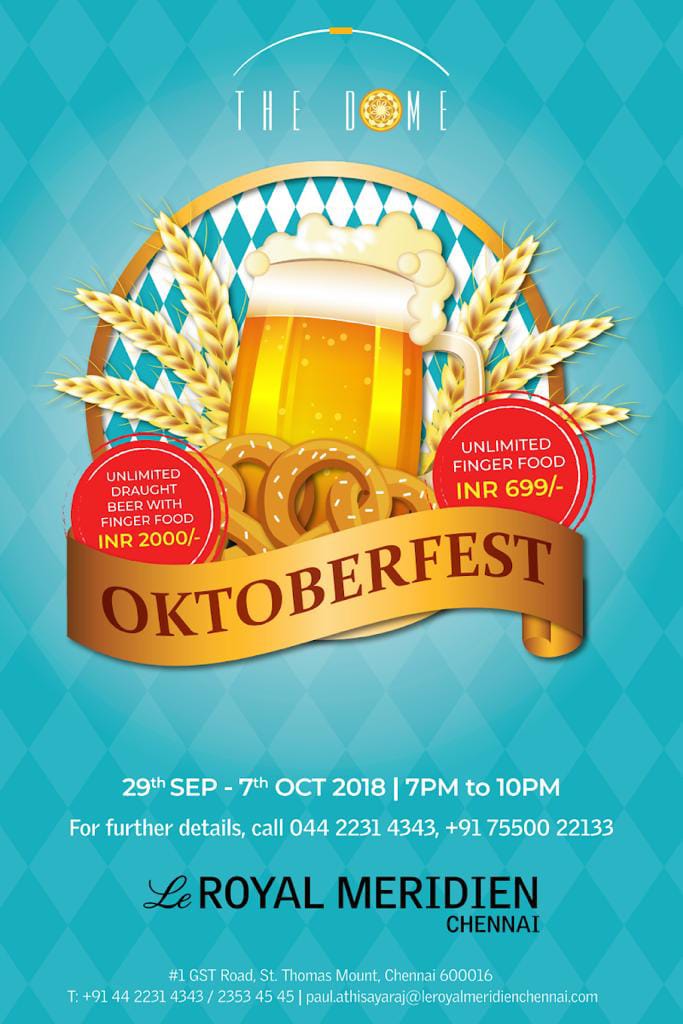It’s our favorite time of year! Oktoberfest bier, with good food and great friends and family to share them with! 
Beer Fest from 29th Sep to 7th Oct.
BAR RULES APPLY
For Queries 7550022133
#nammachennai #unlimited #Heineken #kingfisher #beerbuffet #LRMC #Chennai #Oktoberfest