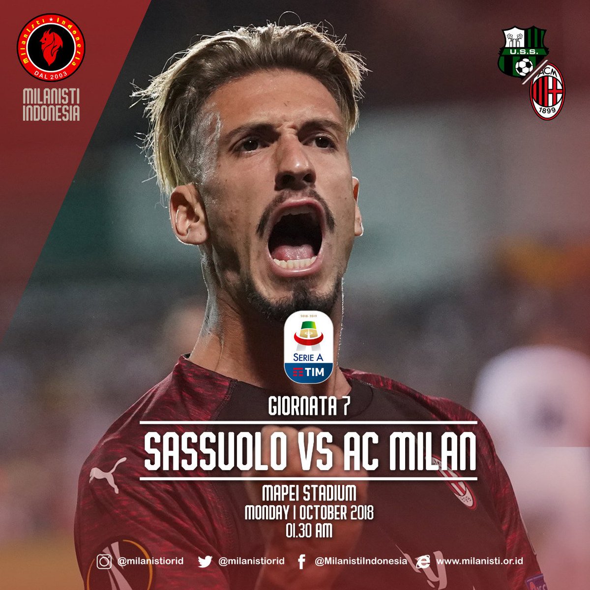 #MILANDAY ❤️🖤

[#NextMatch] 
#SerieA Giornata 7 | #Sassuolo vs #ACMilan | Senin 1 Oktober 2018 | Kickoff Jam 01:30 Wib | 

Live Di channel beiNSports 3

#ForzaMilan #MilanistiIndonesia 🔴⚫