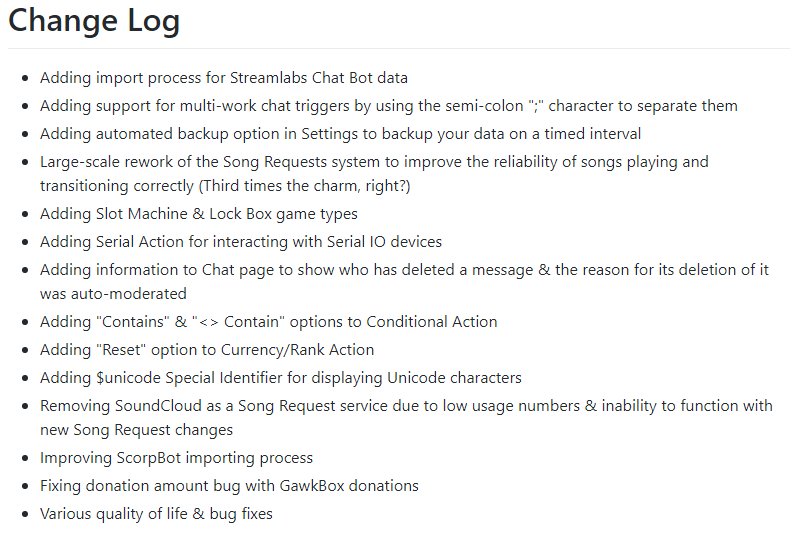 0.4.14 lands in after a long vacation! This update was going to be a small one, but has grown a bit!

New ways to import data for new users, automated backups to protect your data, Song Request fixes, new games &amp; actions, + more! As always, let us know if you run into any issues.