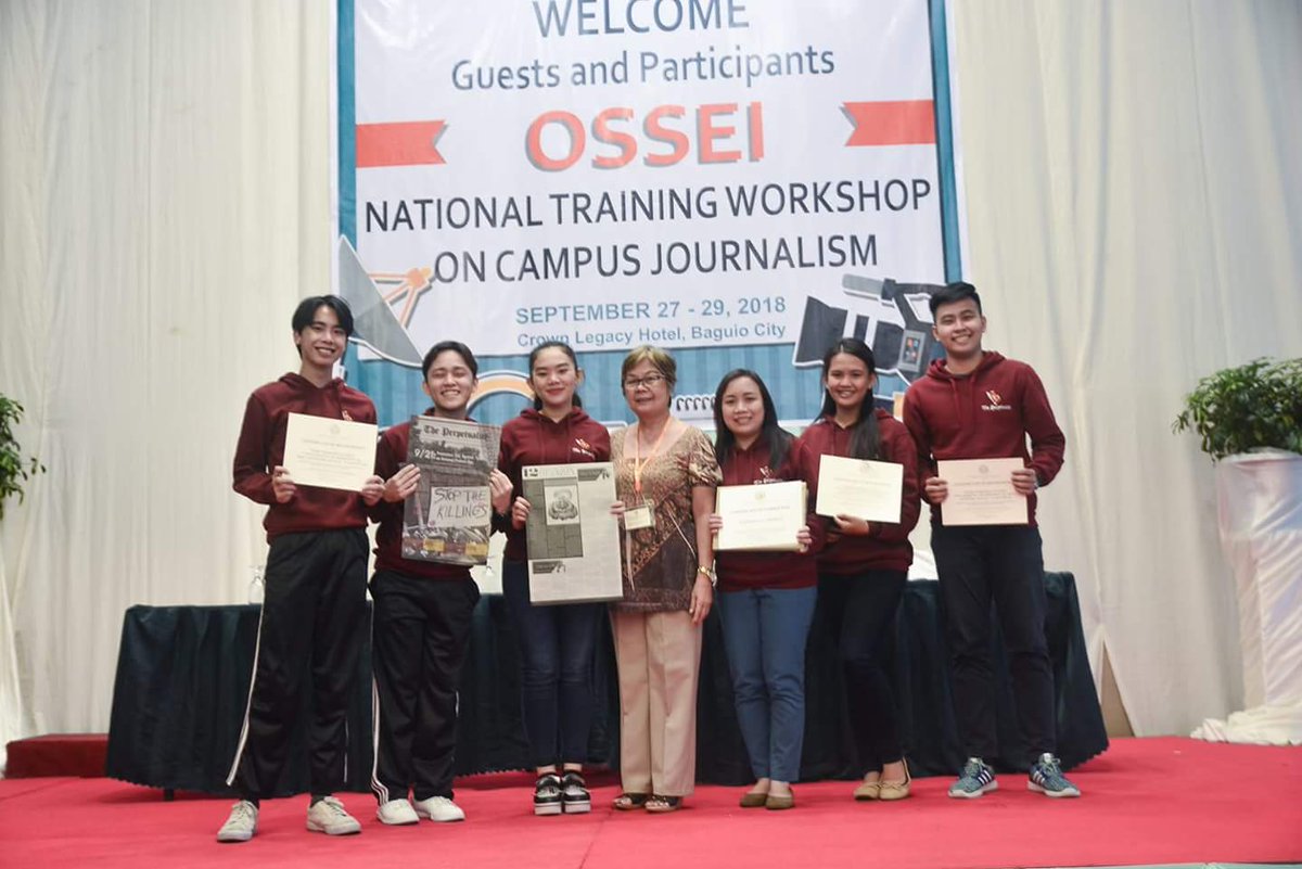 thePERPETUALITE's tweet photo. #TPerpsUpdate: The Perpetualite bags 3 awards in the OSSEI National Training Workshop on Campus Journalism under the categories Best in Sports Article, Editorial Cartoon, and Frontpage Layout on September 29 at the Crown Legacy Hotel, Baguio City.
Photo by: Lino Khim S. Medrina https://t.co/SlZDbOdT3z