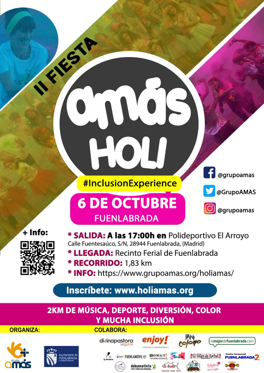 GrupoAMAS's tweet photo. #FelizDomingo YA NO QUEDA NADA! El sábado 6 de octubre fiesta solidaria #AMÁSHoli #Fuenlabrada VEN A LANZAR COLORES Y A VIVIR UNA #InclusionExperience APÚNTATE AQUÍ: https://t.co/TQFliSINKY https://t.co/HZMMq6CrVC