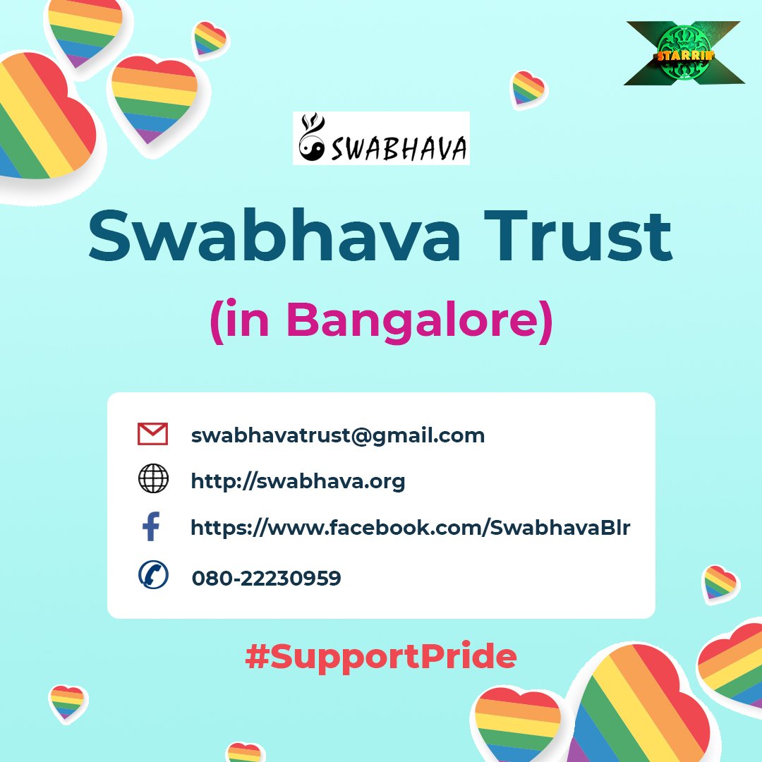 #SupportPride #Swabhava is a charitable trust registered in #Bangalore. They work to offer #LGBTQ people and other similar gender and sexual(ity) minorities health, legal, social support. #StarrinX #HarnessTheHappy #Section377 #LGBTQRights #Activist #Support #Community #LoveWins