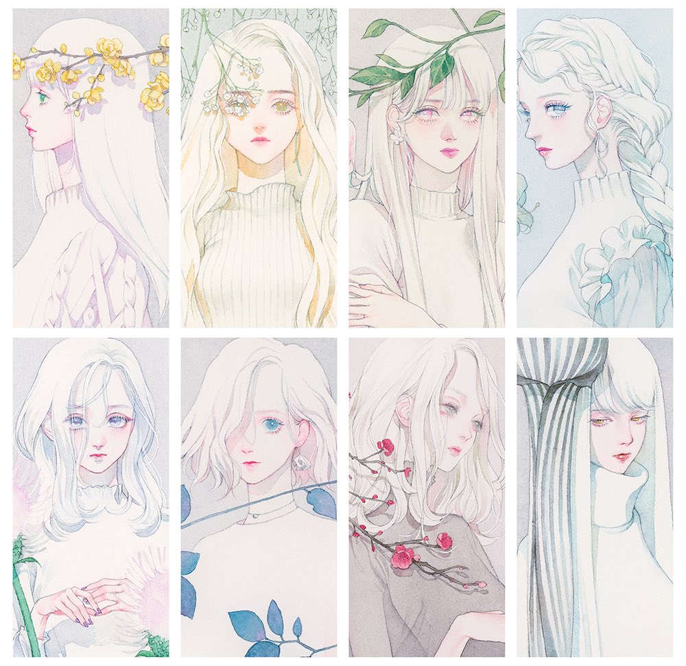 multiple girls white hair long hair 6+girls earrings white sweater jewelry  illustration images