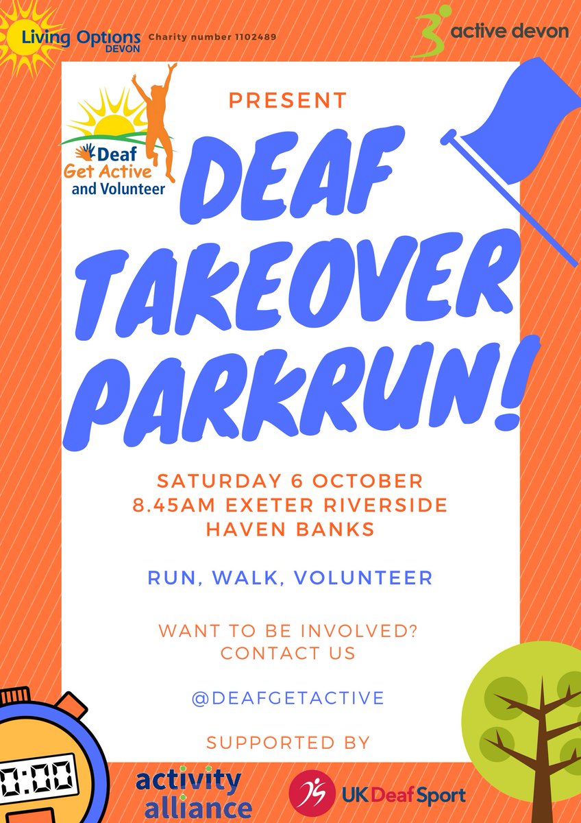DeafGetActive's tweet photo. Want something fun & free? Come to #DeafTakeoverParkrun from 8.45am at @exeterparkrun + try FREE activities at #ExeterSportsFest with @HavenBanksOEC! Find your new favourite activity with #DeafGetActive @LivingOptions #SundayMotivation #DeafAwarenessWeek #DeafAwarenessMonth https://t.co/ESn5kSnCbL