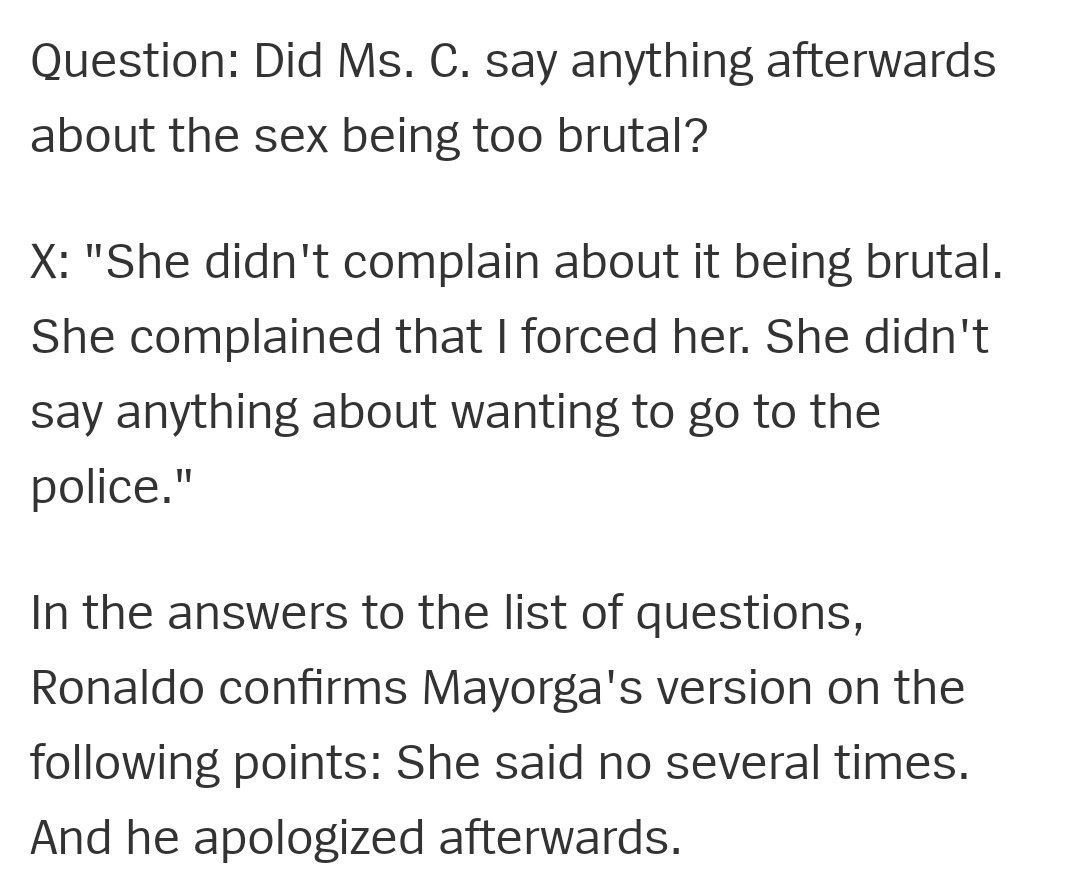 Esto de <a href="/SPIEGELONLINE/">SPIEGEL ONLINE</a> sobre el caso de la violación de Cristiano Ronaldo a Kathryn Mayorga es tremendo. Reconoció que ella se había negado en diferentes ocasiones pero (wtf): "Pedí disculpas". 
 spiegel.de/international/…
