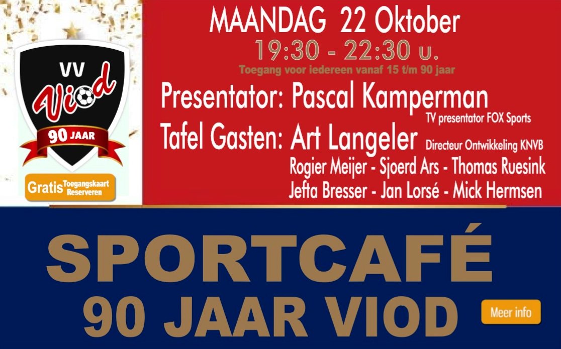 VIODDoetinchem's tweet photo. Maandag 22 oktober Sportcafé vv VIOD in Doetinchem. Presentator Pascal Kamperman (FOX Sports). Tafelgasten Art Langeler, Rogier Meijer, Sjoerd Ars, Jefta Bresser, Thomas Ruesink, Jan Lorsé en Mick Hermsen.
Reserveer GRATIS toegangskaart.
https://t.co/6LaUH6Zfk8 https://t.co/ypbaXf8k7t