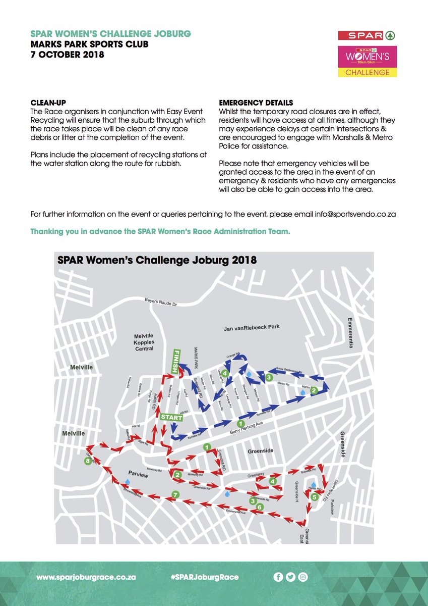 Spar  Women's Race 7 October. Road Closures will take place. If you require a  resident pass sticker please take proof of residence to the Emmarentia  Library.