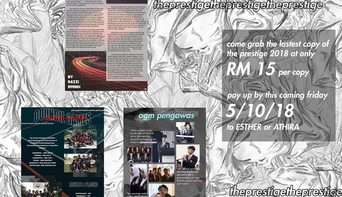 PrefectBoard12's tweet photo. helo prefects!! we’re grateful to announce that THEPRESTIGE2017/2018 is officially out!! 💥💥💥
orders are open until this coming friday. 
do grab a copy for yourself as the magazine is a compilation of what has happened in the board throughout the year! https://t.co/HMydsGrysX