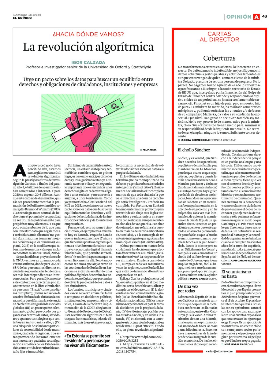 ICalzada's tweet image. &apos;La Revolución #Algorítmica&apos;: mi artículo de #opinión hoy en el @elcorreo_com [#media #researchimpact #blockchain #Estonia #Euskadi #GDPR #smartcities #HerriSmartik #Auzolabs #bigdata #tecnopolítica #geotecnología #ciudades #regiones #EU #NuevoEstatusPolítico #1Oct #eState]