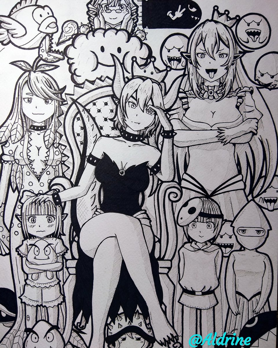 Al_Drine's tweet photo. It's done! Bowsette and Villains Portrait.  👑😋😌
. 
. 
. 
#Bowsette #bowserette #bowsettefanart #bowserette #Bowsette #クッパ姫 #SuperMarioParty #anime #illustration #traditionalart #lineart https://t.co/gZomoUpAuL