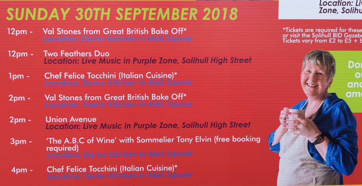 SolihullBID's tweet photo. 🙌 It's #SolFoodFest18 Sunday! Come down and see Bake Off star @valstones, fantastic Italian chef @felicetocchini, explore the huge @Continent_SM and enjoy some FREE live music! https://t.co/WiOE20bX1d