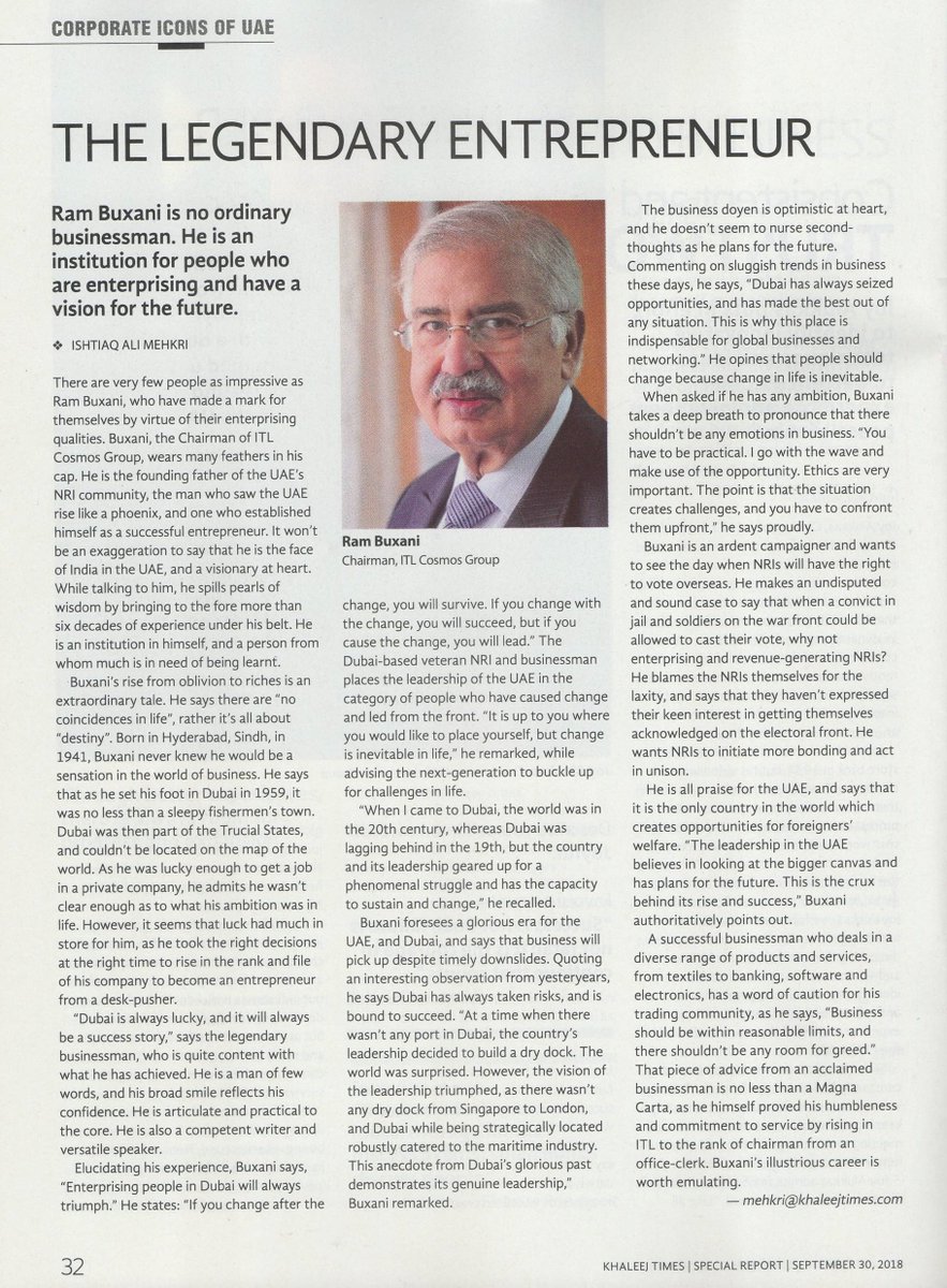 ITLCosmosGroup's tweet photo. Today's Khaleej Times: Corporate Icons of UAE: Pg. 32: Our Chairman: The Legendary Entrepreneur https://t.co/flHcXEOQIa