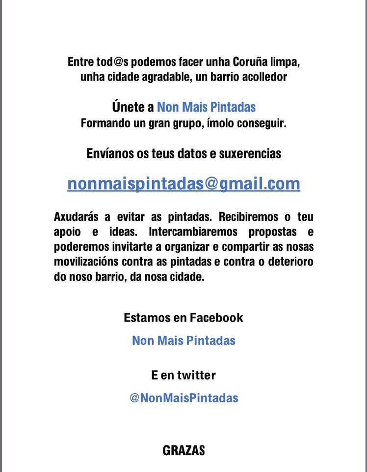 nonmaispintadas's tweet photo. Por unha cidade limpa, pola casa común na que convivimos tod@s: A Coruña.
Únete a nos. Colabora.
Envía as tuas fotos, denuncias e ideas.

nonmaispintadas@gmail.com

@NonMaisPintadas

Non Mais pintadas https://t.co/q2BXE7q9PM