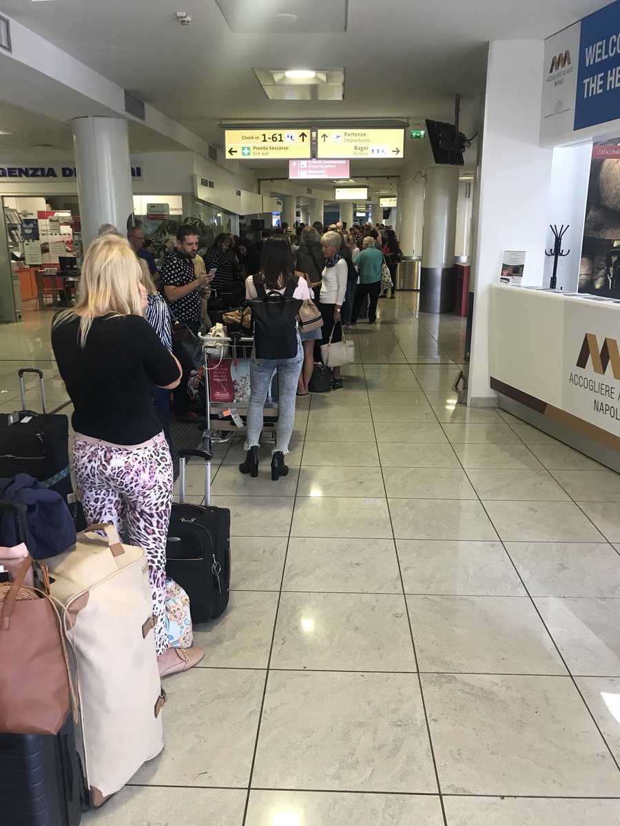 SuzannahC13's tweet photo. @British_Airways another show of what is becoming typical from you. Cancelled flight from Naples to Gatwick. Complete lack of comm, huge queues to rebook and find hotels. You do not deserve these peoples’ custom. Someone needs to sort this mess out!!  #BA2607 https://t.co/ixvXdoKogJ