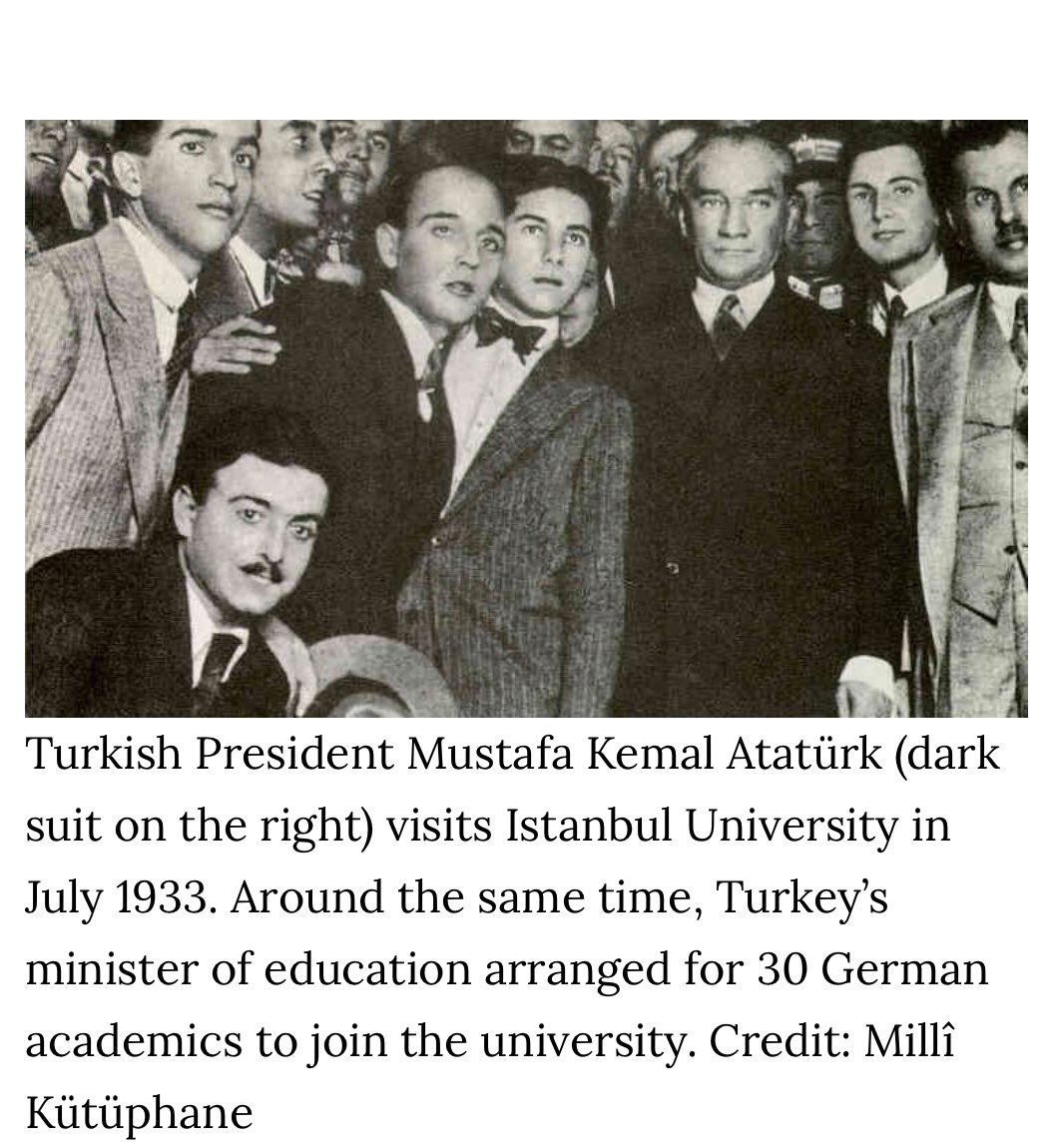 1930’larda Alman bilim insanlarının; ABD, İngilltere ve İsviçre’den sonra en çok göç ettiği ülke Türkiye olmuş

6sı fizikçi, ~300 bilimcinin TR’ye göçtüğü biliniyor

1933, İst Üniv açılışında 30 Alman Bilim İnsanı Atatürk’e eşlik etmiş (resim)

physicstoday.scitation.org/do/10.1063/PT.…