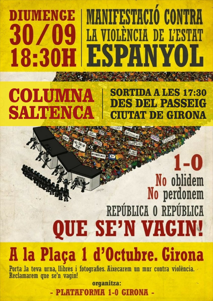 casalsaltenc's tweet photo. TENIM MOLTA FEINA! TOTS AL CARRER!
Us convoquem a totes i cada una de les concentracions d'aquesta setmana.
#LlibertatPresosPolítics
#SeguimPrenentPartit 
#RepublicaCatalana
#BuchDimissió 
#1O https://t.co/QhIIRhJHjZ