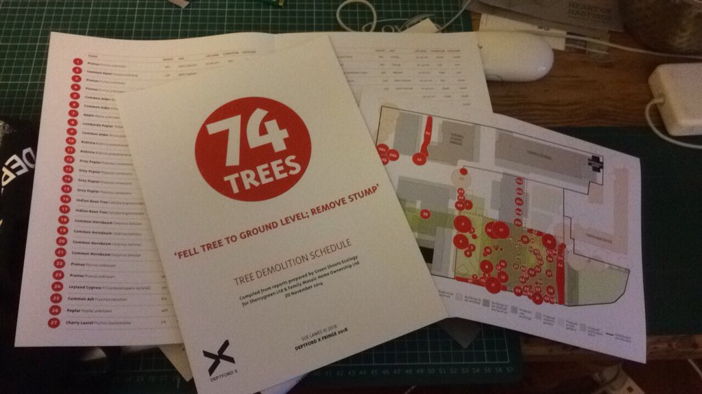 oldtidemillgrdn's tweet photo. #LewishamCouncil say they are only demolishing 36 trees at #Tidemill, but it’s more than 70! Come and see all the trees they want to demolish today in the garden @Deptfordx 1-6pm! https://t.co/q8NxDg6euP