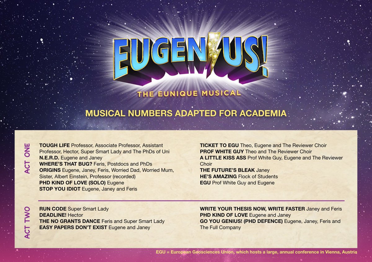 iris_van_zelst's tweet photo. For the niche audience of scientists in love with @eugeniusuk: musical numbers adapted for academia / the PhD struggle / science
.
@benadamsuk @nelsonchris82 @LauraBaldwin92 @robhouchen @DanBuckley1989 @AcademicsSay @EugeniusFans #GoEugenius #ScienceMusical #EGU https://t.co/AAqRIiu55S
