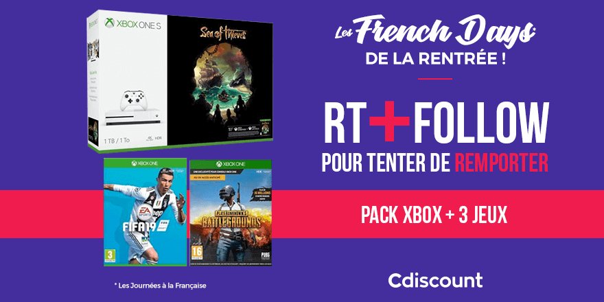 🎁 #Concours 

👌 À gagner pour les #FrenchDays : Pax Xbox One S 1To + Sea of Thieves + #FIFA19 + PUBG

👉 bit.ly/2N8nwHw

🔸 Pour tenter votre chance : 
RT + Follow <a href="/Cdiscount/">Cdiscount</a>

☑️ TAS 01/10

#CdiscountFrenchDays