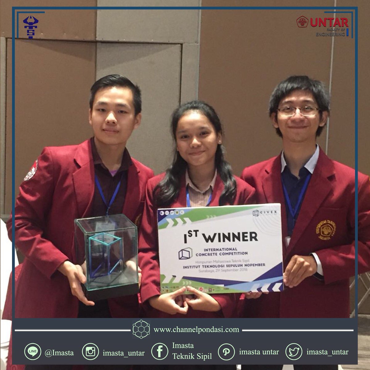 IMASTA_UNTAR's tweet photo. [CONGRATULATIONS]

Kami segenap mahasiswa Teknik Sipil Tarumanagara mengucapkan selamat kepada 
1. Jason Ongkosurya
2. Kenny Colin Tengsejing
3. Pamela Anggita
Sebagai pemenang pada lomba "International Concrete Competition" yang diselenggarakan  pada Civil Expo ITS.

-IMASTA- https://t.co/Kn3foBD644