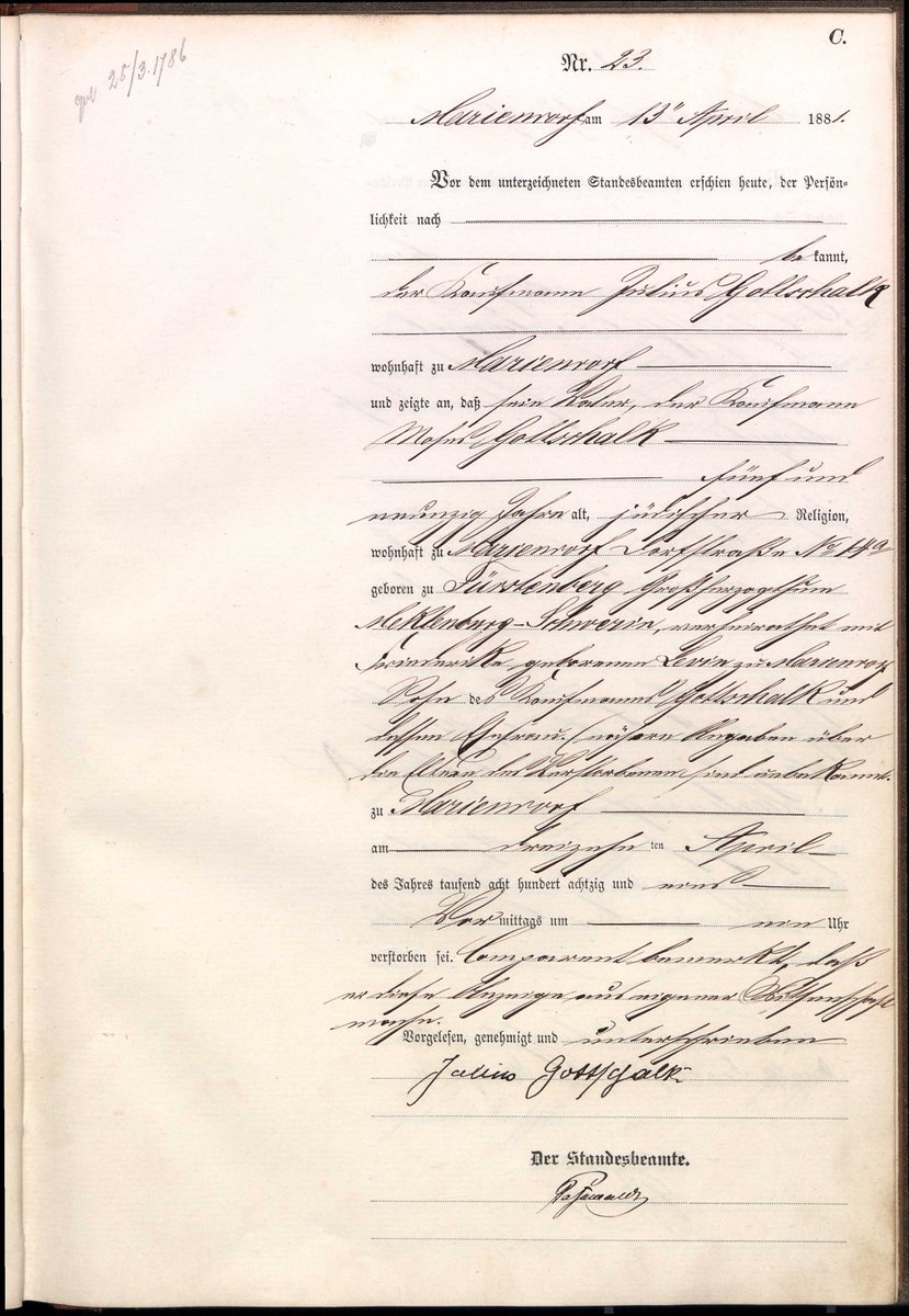 Archivtier's tweet photo. Die Eltern von Julius Gottschalk starben beide in #Mariendorf. Moses Gottschalk (* 25.03.1786 in #Fürstenberg) im Alter von 95 Jahren am 13.04.1881 und Friedericke Gottschalk (ca. 1808 in #Neubrück, Kreis #Samter geb. Lewin) am 20.05.1884. Sie hatten mindestens noch zwei Kinder. https://t.co/dyoEagKjMZ