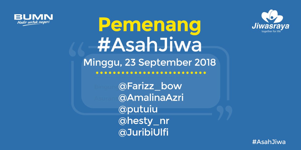Sahabat, pasti sudah menantikan pengumuman pemenang #AsahJiwa minggu lalu kan?

Berikut adalah pengumuman pemenangnya. Selamat! Silakan kirimkan data diri berupa nama, alamat, dan nomor telepon via DM.

Terima kasih telah berpartisipasi, nantikan dan ikuti #AsahJiwa selanjutnya.