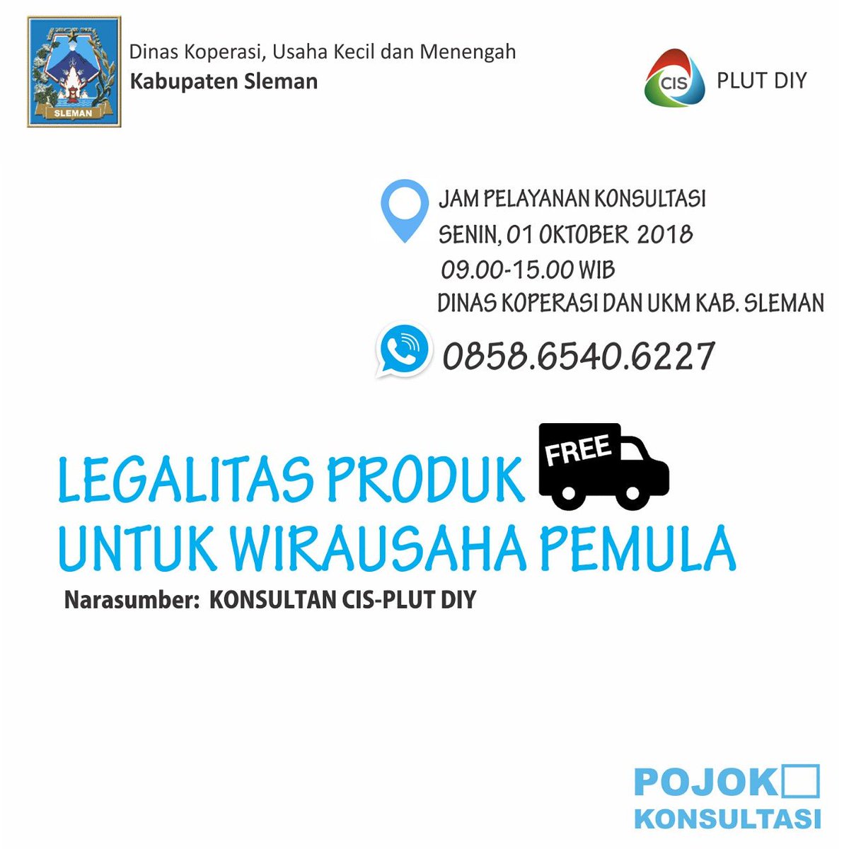 Pojok Konsultasi "Senin,  01 Oktober 2018, jam 09.00 sd 15.00 Wib,  di Dinas Koperasi dan UKM Sleman