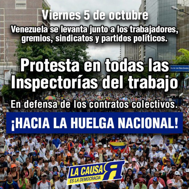 AndresVelasqz's tweet photo. Y el 5 de octubre todos los trabajadores de Venezuela protestan. Contra la destrucción del valor del trabajo. En defensa de de las contrataciones colectivas. En defensa de tabuladores y tablas salariales. Por la libertad.
Plataforma de conflicto. https://t.co/PKyjyvReMz