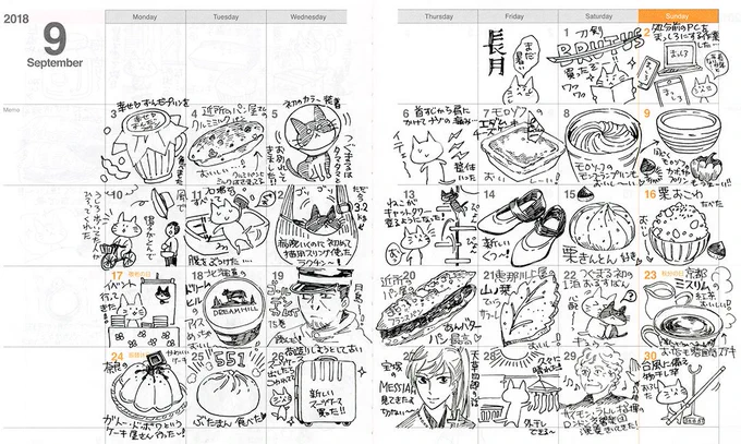 始まりは真夏の延長のように暑かったけれど終わりはかなりヒンヤリ&台風とともに去っていく9月のマンスリー絵日記です。ご査収ください!過去のマンスリー絵日記まとめ>マンスリー絵日記 