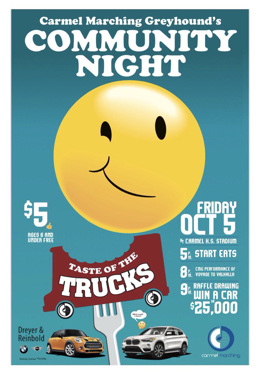 CarmelBands's tweet photo. Calling all Carmel/Northside/Hamilton County foodies and marching band fans.......it's almost here, the most wonderful time of the season! 
That's right, "Taste of the Trucks 2018"/Carmel Bands Community Night! 
That's an irresistible combo!
https://t.co/HJA7WXKpcb https://t.co/YDHMxOu7Lx