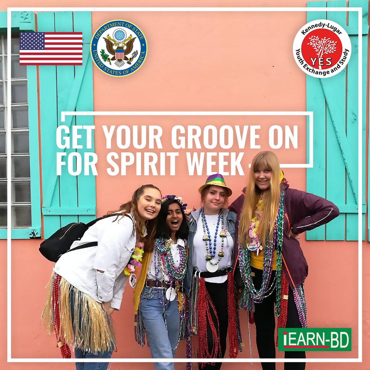 iEARNBD's tweet photo. "What even is Spirit Week?", you may wonder. It's a week-long celebration for American highschoolers to celebrate their school pride! And describing its experience, here is Afrina Asad from YES 15, dressed for Mardi Gras with her friends, as a theme of that celebration. https://t.co/5yEFyZjJ3k