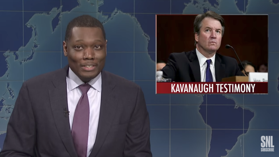 thehill's tweet photo. SNL on Kavanaugh: "When you’re asked about a sexual assault and your drinking problem at a job interview, you don’t get the damn job" https://t.co/cClxDSc6Ht https://t.co/riskVN8kAY