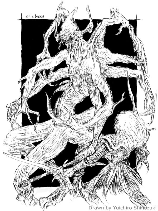 しのしの You Shino 92年くらいに描いたオリジナルなギルvsドルアーガ 戦いの画 これと同じようなタッチで ドルアーガの塔小説版の挿絵と Pcエンジン版の攻略本ワールドガイドブックにコミックとして描かせて頂きました 設定にはない二刀流のギルが