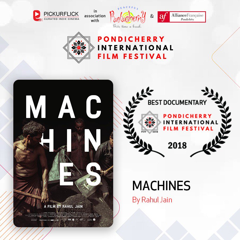 pondyfilmfest's tweet photo. Award for Best Documentary goes to MACHINES by RAHUL JAIN
Congratulations!
@pondyfilmfest #Pondyfilmfest #Pickurflick #PIFF2018 #PeacefulPondicherry @_AdilHussain @moonstruck24 @UtpalBorpujari @saibalchatter @nick_sarma https://t.co/ecIACEl0FE